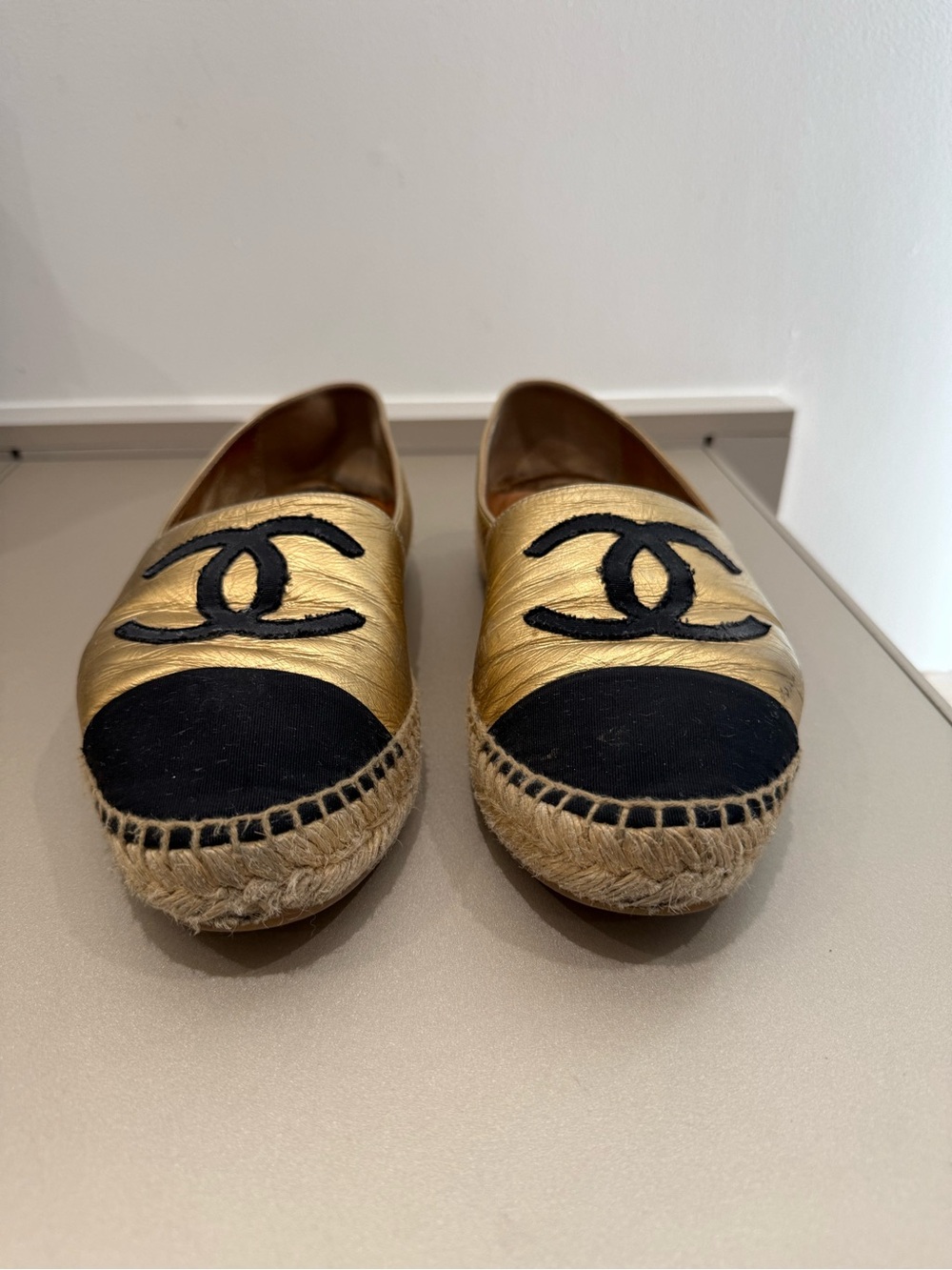 CHANEL Gold Leather Espadrilles with Black Cap Toe